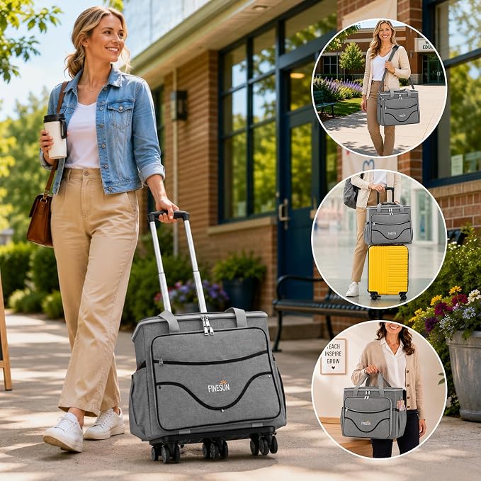 Rolling Teacher Tote Bag with Wheels, Heavy Duty Wheeled Craft Organizer Bag, Portable Art Scrapbook Storage Cart, Travel Office Carry Tote for Women Teachers Craft Supplies Storage Grey