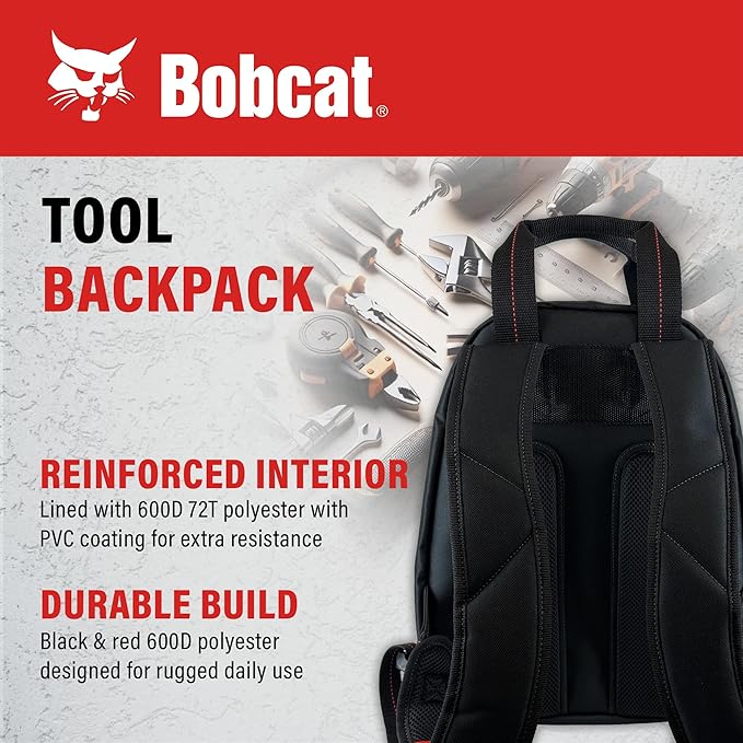 Bobcat Tool Organizer Backpack, EVA Hard Pocket, Large Capacity Storage for Electricians & Technicians, Heavy Duty Mobile Tool Bag (Black/Red Tool Backpack)