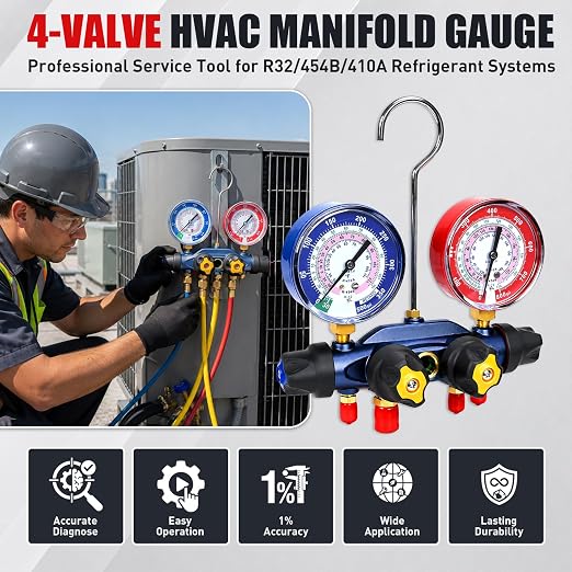 49974 A2L 4-Valve Test and Charging Manifold, 3-1/8" (80mm) Gauges for R-32/R454B/R410A, HVAC Manifold, Hoses Not Included