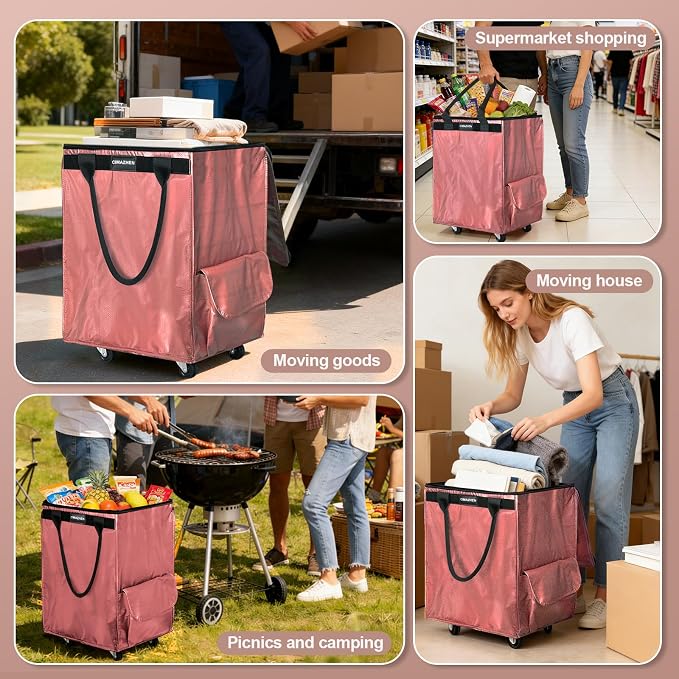 (Medium,Pink) Reusable Grocery Bag on 4 Wheels, 70L Foldable Rolling Tote Bag with 3 Handles and Zipper, Rolling Shopping Cart for Groceries, Storage, Laundry, Travel, Organizer, 76lb