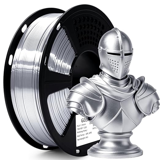 Geeetech Silk PLA Filament 1.75mm for 3D Printer, Metal-Like Shiny 3D Filament 1kg (2.2lbs) 1 Spool, Dimensional Accuracy +/- 0.02 mm, Metallic Silver Silk Filament