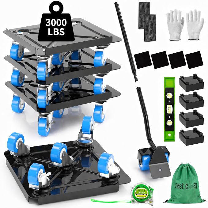 Heavy Duty Furniture Dolly 360° Rotating 5 Blue Wheels, Alloy Steel Furniture Movers Up to 3000 lbs/1360 Kg Load Capacity with Measure Tape and Leveler (5.3x5.3 in)