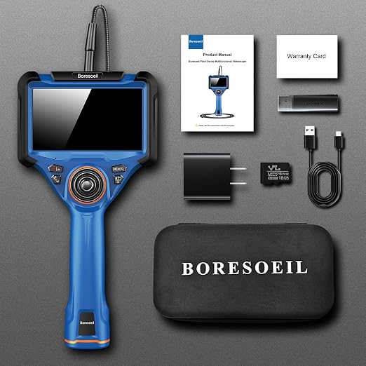 360° Articulating Borescope with 0.25 in Slim Probe, 5" HD 4-Ways Industrial Endoscope Camera with Light, Articulated Flexible Snake Camera for Plumbing & Machinery Inspection