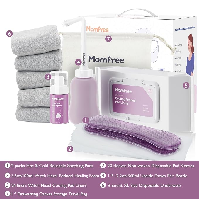 Postpartum Essentials Recovery Kit: Labor Delivery Post Partum 7 Pack Recovery Mom Care Set - Upside Down Peri Bottle | XL Disposable Underwear | Soothing Pads | Perineal Healing Foam | Canvas Bag