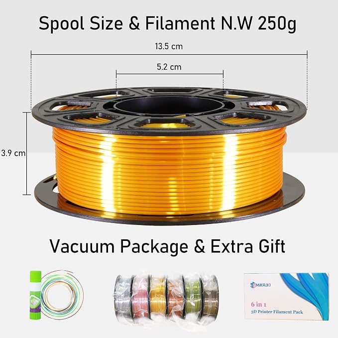 MIKA3D 6 Spools 1.75mm Silk PLA 3D Printer Filament Bundle, 6 Metallic Shiny Colors: Gold/Silver/Copper/Bronze/Coffee Gold/Rosegold, Each Spool 250g X 6 Spools, Total 1.5Kg 3D Printer Material