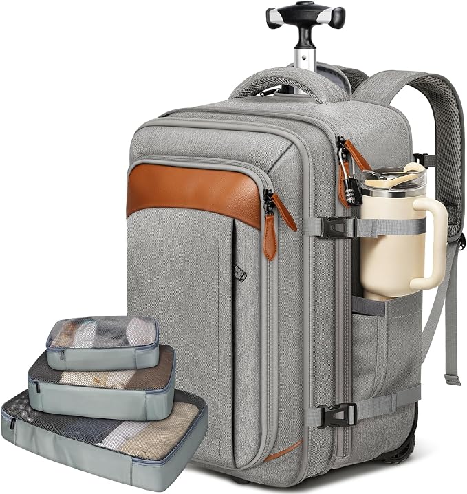 Vancropak Expandable Travel Rolling Backpack with Wheels, Airline Approved Wheeled Backpack with 3 Packing Cubes, 17 Inch Roller Carry on Luggage Suitcase Laptop Bag for Men Women, Grey