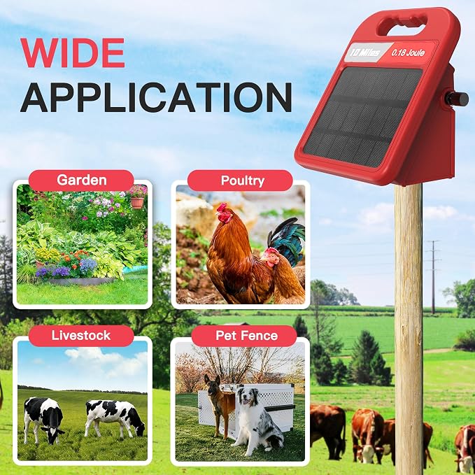 Solar Electric Fence Charger-0.18J-10 Miles, Maximum Output Voltage 9300V- Provide 24-Hour Uninterrupted Protection for Livestock and Yards with Rechargeable Solar Panel Red