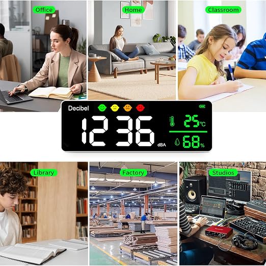 Decibel Meter Wall Hanging Sound Level Meter, 11in Large LED Display +Time + Humidity + Temperature; 4 in 1 Decibel Meter 30-130dB Rang DB Meter & SPL Meter Wide Applications for Home