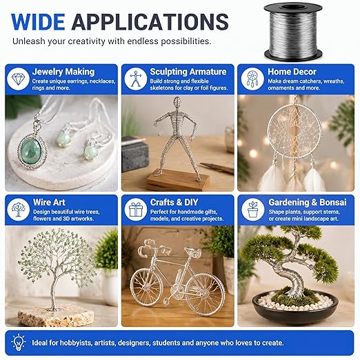 Therwen 200ft 24 Gauge Stainless Steel Wire for Gardening, Electroculture, Bonsai, Jewelry Making Beading DIY Craft Pure Bare Stainless Steel Wire Spool
