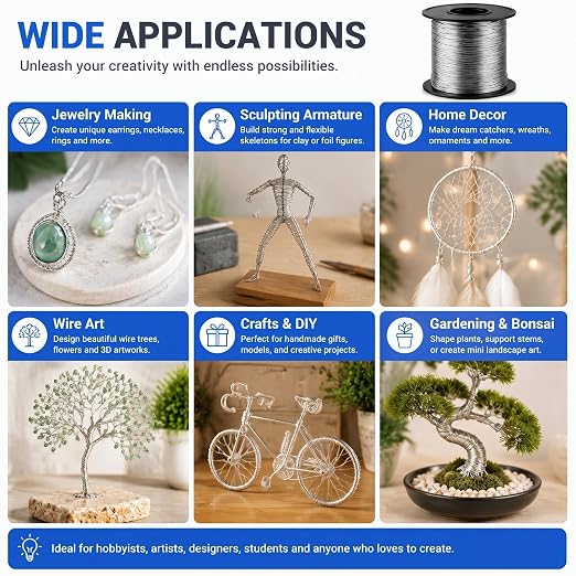 Therwen 200ft 20 Gauge Stainless Steel Wire for Gardening, Electroculture, Bonsai, Jewelry Making Beading DIY Craft Pure Bare Stainless Steel Wire Spool