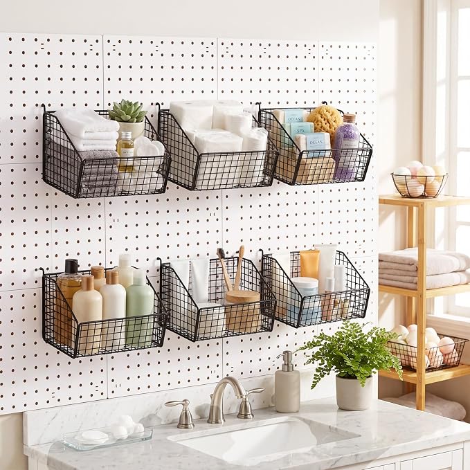 Reallnaive 6 Pack Black Pegboard Baskets Metal Wire Shelf Baskets 7.1 x 7.1 x 5.5 in Peg Board Organizer Accessories Wall Mount Organizer Bins for Tool Storage Craft Garage Workbench Room