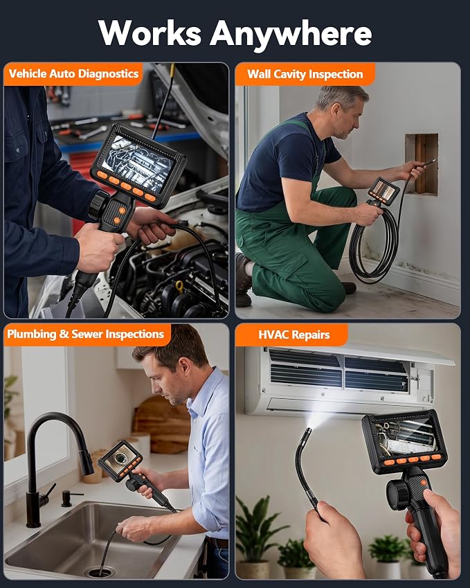 6mm Two-Way Borescope, Dual Lens Endoscope Camera with Light, 1080P HD Inspection Camera with TF Card, 210° Articulating Borescope, IP67 Waterproof, 5FT Snake Camera for Wall Automotive