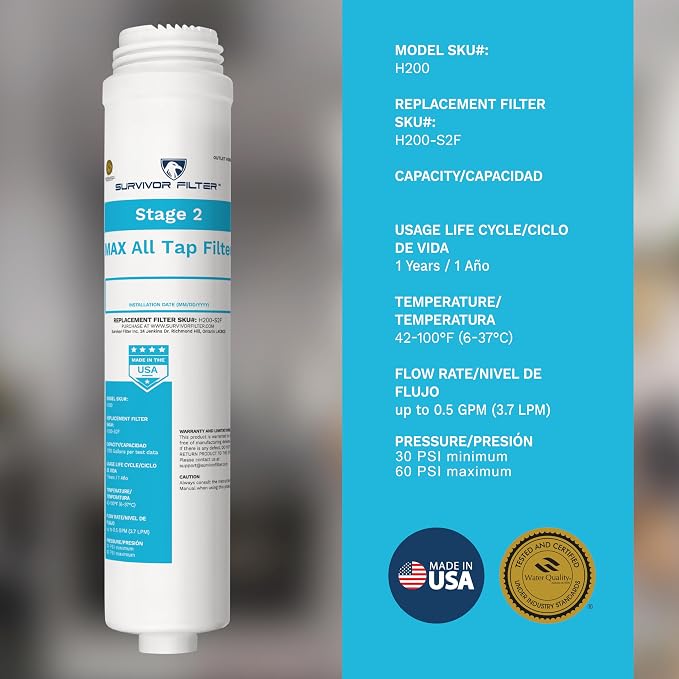 Survivor Filter Max, 2-stage, In-line, Under Sink Water Filteration System | Fluoride, Chlorine & Heavy Metals Reduction, Easy Installation, Water Filter for Sink Faucet, Improves Taste, Made in USA