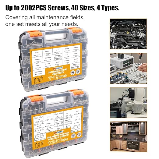 weideer 2002PCS Hardware Assortment Kit, 304 Stainless Steel Metric & SAE Screw Assortment Kit,#6-32,#8-32,#10-24,1/4,5/16,3/8,M3,M4,M5,M6,M8,#4,#6,#8,#10 Nuts Bolts Washers,Double Sided Organizer Box