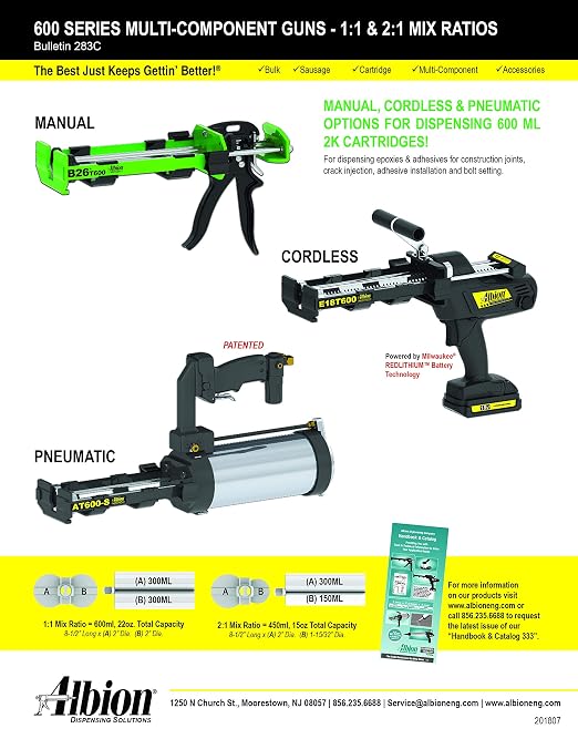 Albion Engineering Company B26T600 600 Series B-Line Manual Multi-Component Cartridge Epoxy Adhesive Gun, 1:1 Ratio (300 x 300 ml) & 2:1 Ratio (300 x 150 ml)