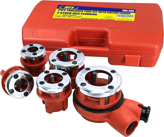 HFS(R Ratchet Pipe Threader Kit - Ratcheting Pipe Threading Tool Set with 5 Dies 3/8", 1/2", 3/4", 1", 1-1/4"