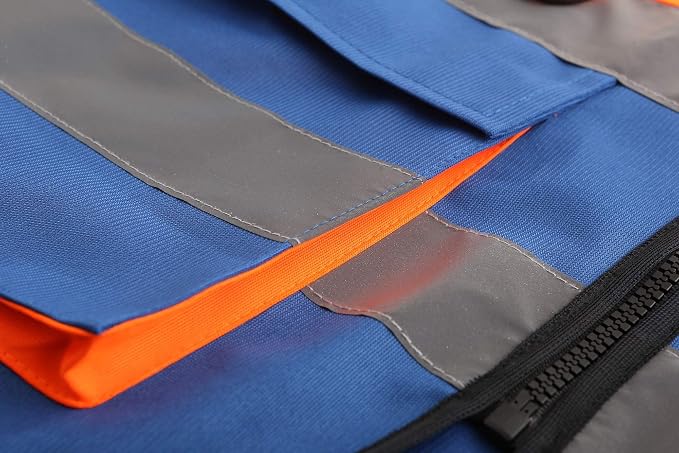 A-SAFETY High Visibility Reflective Vest, Mic Tabs, Zipper, Orange/Blue, M | Orange/Blue M work vest with reinforced pockets, black front zipper and clear ID holder for utility maintenance; unisex.