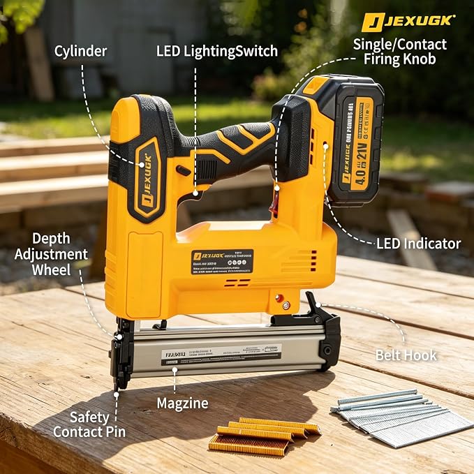 JEXUGK Cordless Brad Nailer, 18 GA Nail Gun Battery Powered with 2 x 4.0Ah Battery, 2 in 1 Electric Nail Gun with 1000 Brad Nails and 1000 Staples, Finish Nailer for Woodworking & Home Improvement