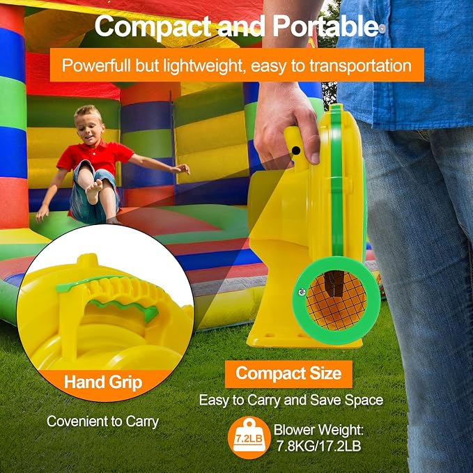 Bounce House Blower, 1100W/1.47HP Commercial Air Blower with Double-Sided Fan Blade Design, Strong Wind and Great Heat Dissipation Properties for Bouncy Castle, Jump Slides, Arch, Inflatables