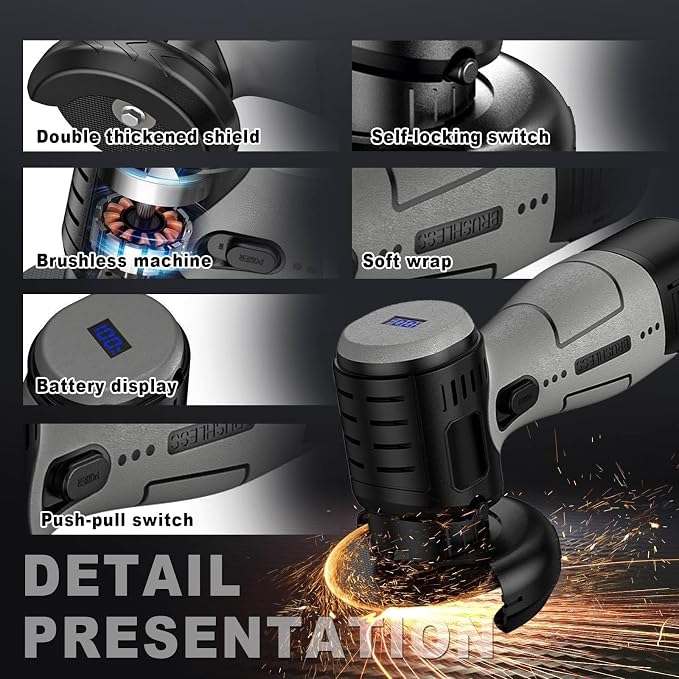 ZFULVO Brushless Cordless Angle Grinder Kit, 19500rpm Mini Electric Angle Grinding Tool with 2x16.8V 2000mAh Battery and 6-Cutting Discs, Grinder Handheld Cutter for Metal Wood