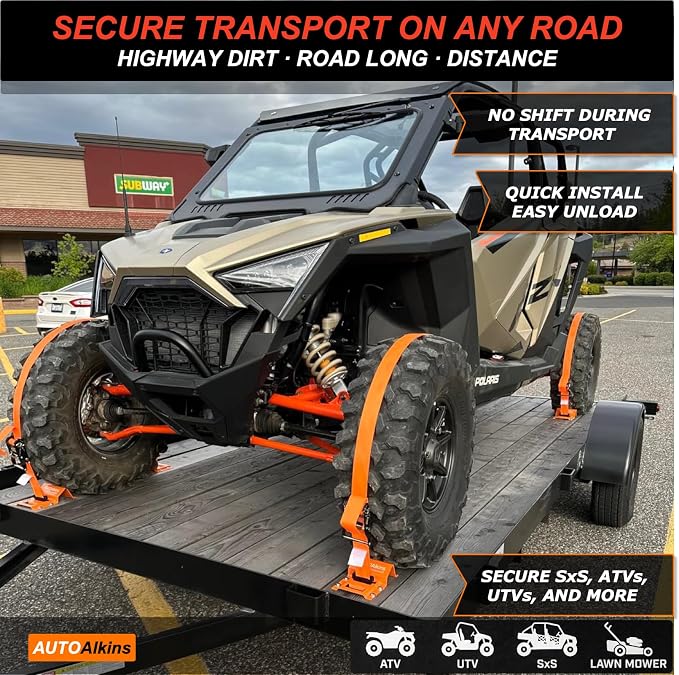 Wheel Chock Tie Down Kit, 4,400lb Break Strength — 4 Heavy Duty E-Track Tire Ratchet Straps & 8 Steel Wheel Chocks, Complete Trailer Tie Down System for ATV, UTV, Lawn Mower & SxS (Orange)