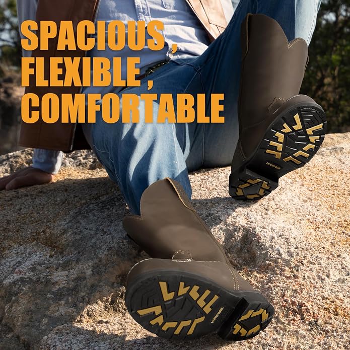 Steel Toe Work Boots - Puncture Proof with Steel Shank, GoodyearWelt, Full-Grain Leather, Oil & Slip Resistant, Pull-On Moc Design - Ideal for Construction and Farming (Dark Brown, Sizes 7-14)