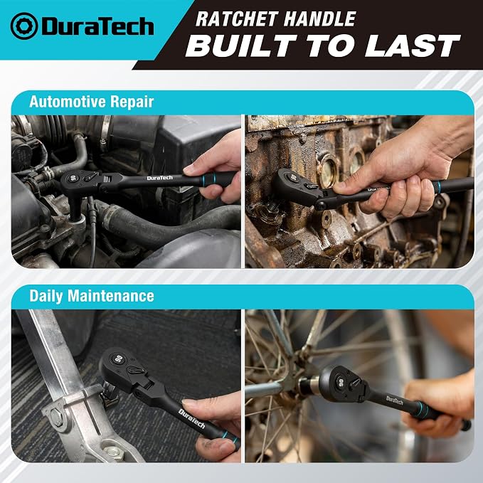 DURATECH 3-Piece Flex-Head Drive Ratchet Handle, 1/4", 3/8", 1/2" 90-Tooth Quick-Release Ratchet Wrench with 180° Pivoting Head & 7-Position Setting, Reversible, CR-V Made, Black Mn Phosphate Finish