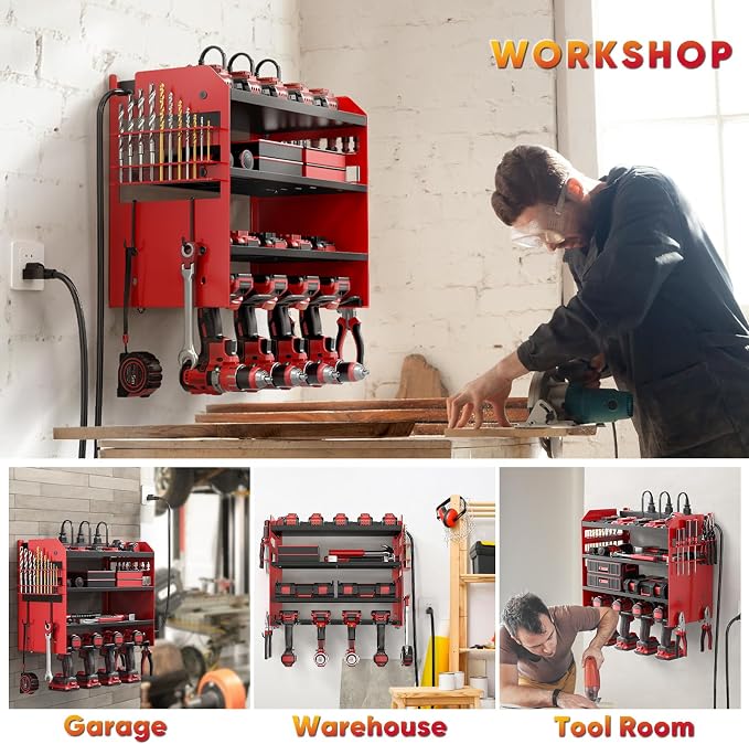 POKIPO Power Tool Organizer Wall Mount with Charging Station,Tool Storage Rack with 8 Outlet Power Strip,Heavy Duty Metal Battery Utility Rack with 4 Cordless Drill Holder 6.56 Ft Cord for Garage