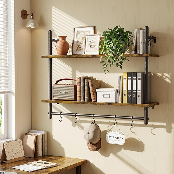 Merapi Industrial Pipe Floating Shelf with Towel Bar & Hooks - 31.5" Wall Mounted Kitchen, Bathroom, Coffee Bar Shelf - Modern Farmhouse Wood & Metal Shelves with 8 S-Hooks