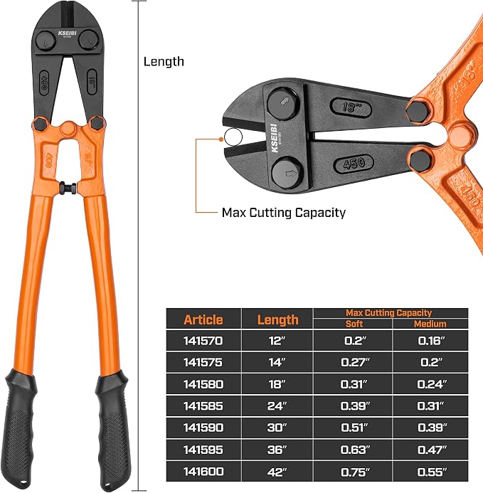 KSEIBI 141600 Heavy-Duty Large Size Bolt Cutter 42" for Cutting Fence, Steel Wire, Chain, Screws, Rivet, and Padlock, Metal Rods with Soft Grip Rubber Ergonomic Handle Cutters 1050mm