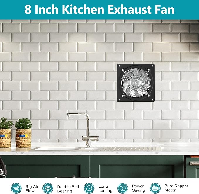 HG Power 8 Inch Exhaust Fan with Switch, Powerful Kitchen Exhaust Fan with Damper, Potable Window Exhaust Fans, Small Fume Extractor Ventilation Fan for Attic, Shop, Smoking Room, Garage