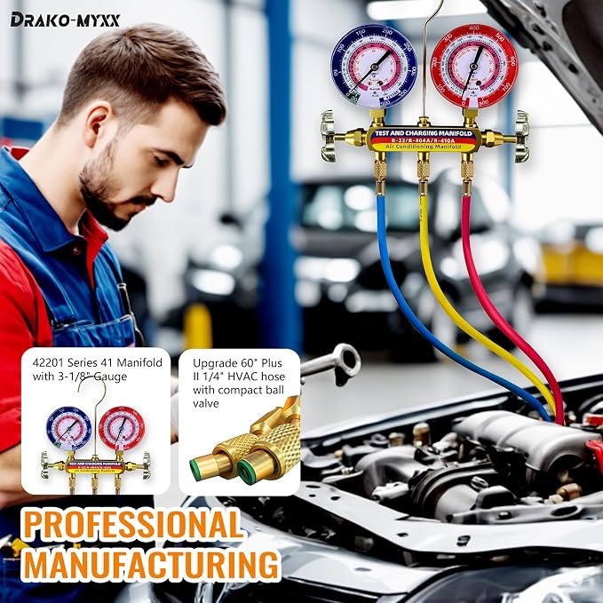 Upgrade 42201 Test & Charging Manifold with 3-1/8" (80 mm) Gauges,60" Refrigerant Hose with Compact Ball Valve,1/4" Standard Flare Fitting,2-Valve,HVAC Manifold for R-22/404A/410A,Yellow/Red/Blue