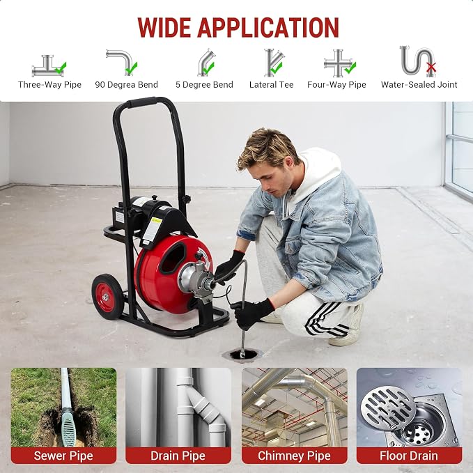 GarveeTech Auto Feed 75 ft x 3/8 in Drain Cleaner Machine with 200W Motor, Portable Sewer Snake Auger with 8 Cutters & Air-activated Foot Switch, Fits 1 in to 4 in Pipes, Black & Red