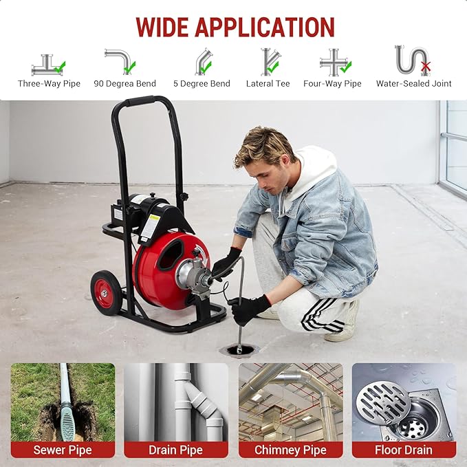 GarveeTech Auto Feed 100 ft x 3/8 in Drain Cleaner Machine with 250W Motor, Portable Sewer Snake Auger with 8 Cutters & Air-Activated Foot Switch, Fits 1 in to 4 in Pipes, Black & Red