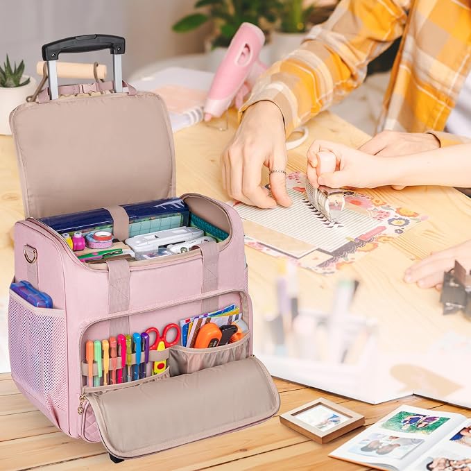 LUXJA Rolling Craft Bag with Pockets for 12 x 12 inch Scrapbook Album and Laptop, Rolling Scrapbook Tote with Detachable Dolly (Patent Pending), Pink