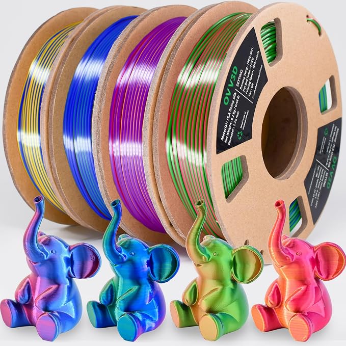 PLA Filament 1.75mm, Tri-Colors 3D Printer Filament, Rainbow PLA Filament Bundle, Coextrusion 3D Filament with Silk PLA Color Change, 3D Printing Filament +/-0.02mm, 200g X 4 Spool