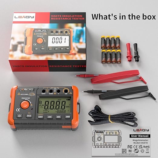 LEAGY VAD78 Digital Insulation Resistance Tester - Accurate Megohm Meter for DC/AC Voltage Testing (20-1500V, 20-750V) and Resistance Measurement (0-5000 Megohms)