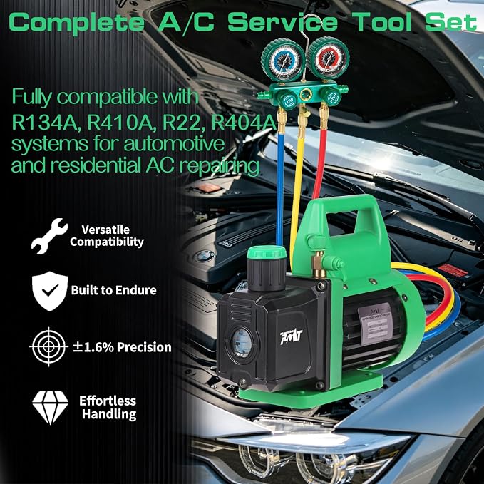 PB Motor Tech Vacuum Pump & Gauge Set, 4.5 CFM Pump w/Aluminum Manifold Gauge, Quick Couplers, Two Can Taps, 410 Adapter, for R134A, R410A, R22, R404A Refrigerants & AC Maintenance (Green)