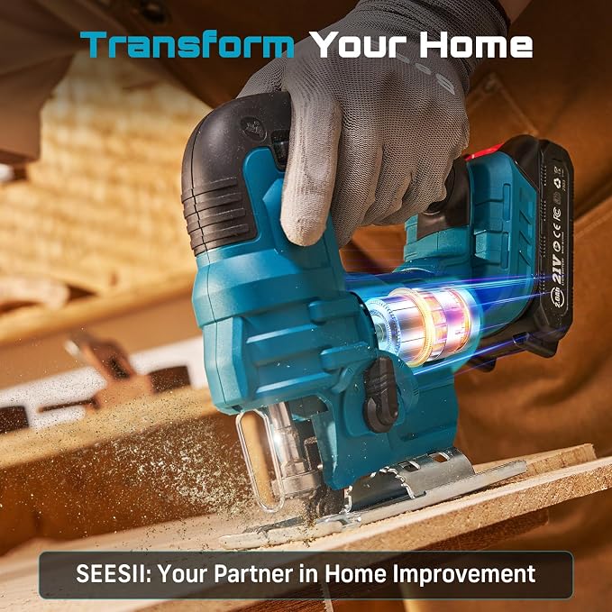 SEESII Jig Saw, Cordless Jigsaw Tool with 2×2.0Ah Batteries and Charger | ±45° Bevel Cuts, 4 Orbital for Wood Metal PVC Cutting, Variable Speed, with 9 Blades, LED Light, Safety Lock, Storage Bag