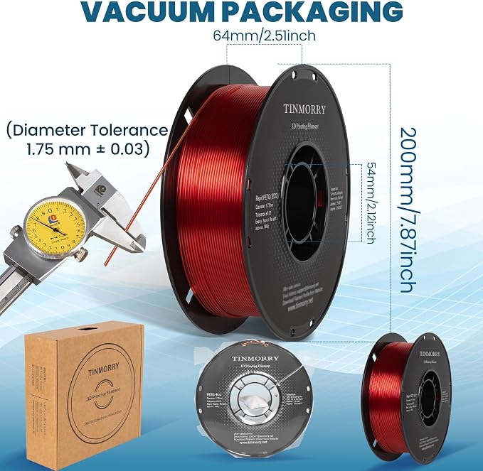 TINMORRY PETG Filament 1.75, Rapid PETG-Eco 3D Printer Filament, Compatible with Most FDM 3D Printers, 1 KG 1 Spool, Transparent Red