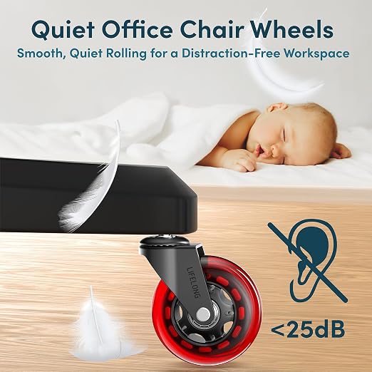Lifelong Original Office Chair Wheels (As Seen On CNN) Replacement Rubber Chair Casters for Hardwood Floors & Carpet, Set of 5, Heavy Duty Casters for Chairs to Replace - Fits 98% (Red)