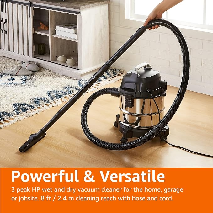 Amazon Basics Wet Dry Shop Vacuum Cleaner, 4 Gallon, 3 HP Stainless Steel, Grey/Black