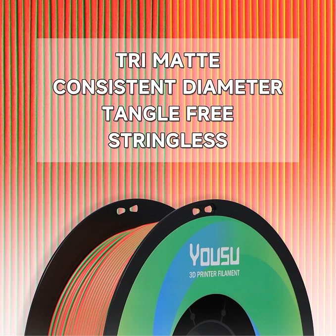 YOUSU Matte PLA Filament Tri-Colors, 1.75mm Magic Color Change Filament, Matte Red Blue Green 3 in 1 Coextrusion PLA Material, Fit Most 3D Printer, Matte Spool 1KG (2.2lbs