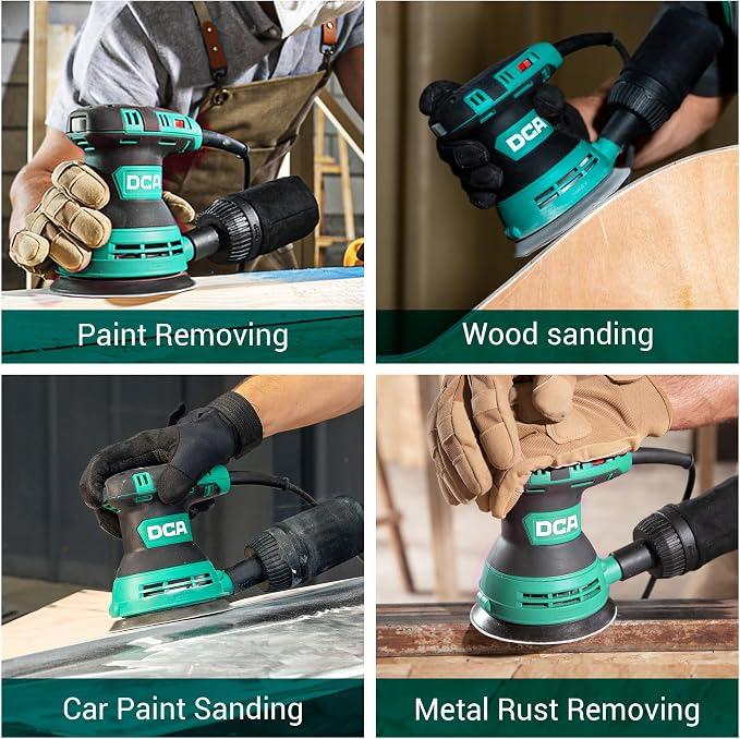 DCA Random Orbital Sander, 3.0 AMP Corded Palm Sander, 6 Speeds Max 12,000 OPM, 5-Inch with 10 pcs Sandpapers, Dust Bag, Low Vibration for Woodworking, Decoration Furniture (ASA125)