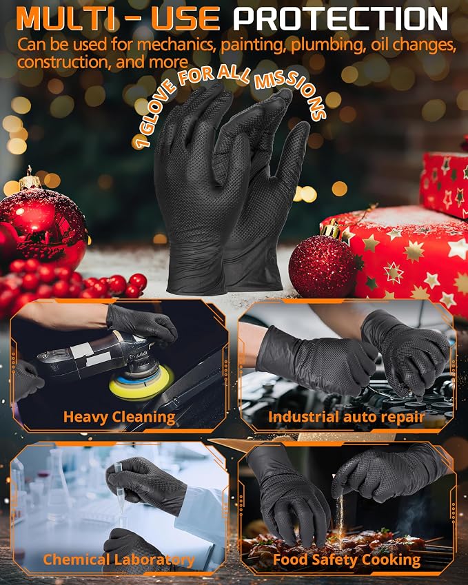 wcy ANBOSON 9 Mil Heavy Duty Nitrile Gloves, Raised Diamond Texture Grip, Latex Free Disposable Industrial Mechanic Work Gloves, Chemical & Puncture Resistant,Black,30 Count