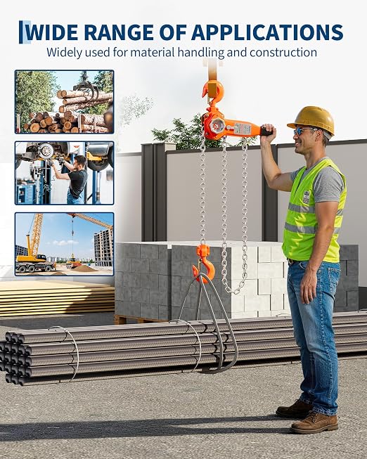 1.5 Ton (3300 LBS) Manual Lever Chain Hoist, 10 ft Heavy Duty G80 Galvanized Steel Come Along with Double-Pawl Brake & 360° Rotating Hooks for Garage Warehouse Construction Factory