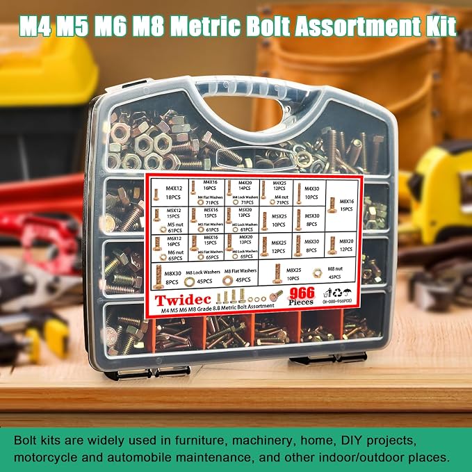 Twidec/966PCS Metric Bolt Assortment,Grade 8.8 Hex Head Bolts and Nuts Assortment Kit, M4/M5/M6/M8(12-30mm)Heavy Duty Nuts and Bolts Kit, Flat & Spring Lock Washer Gold Zinc Plating With Storage Case