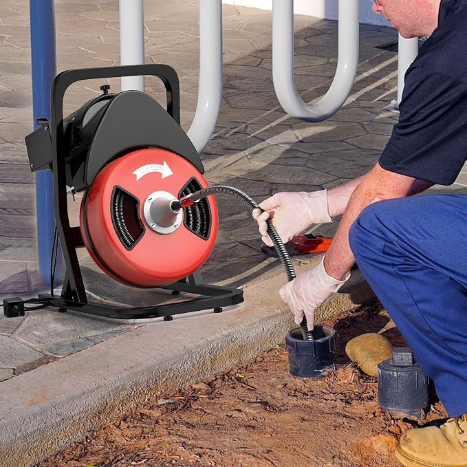 50FT 1/2 Inch Drain Cleaning Machine, Portable Electric Drain Auger with 6 Cutter & Air-Activated Foot Switch, Sewer Snake Drain Cleaner for 1" to 4" Pipes, Red