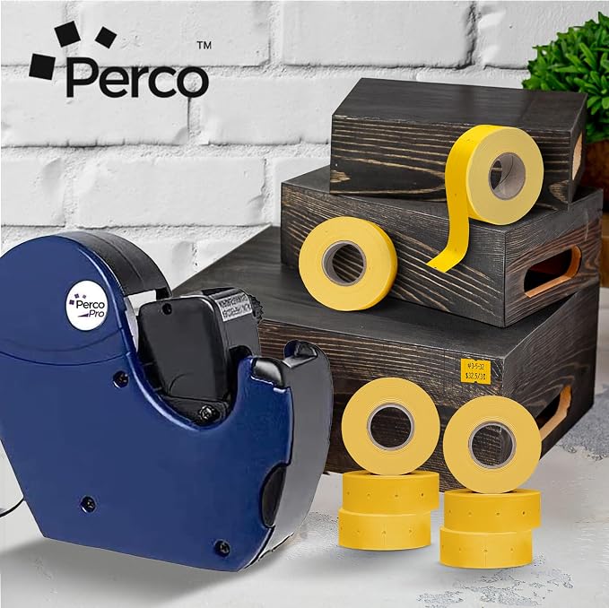 Perco 2 Line Yellow Labels - 6,000 Blank Price and Date Gun Labels for Perco 2 Line Price and Date Guns - 8 Rolls, 1 Sleeve - Made in USA