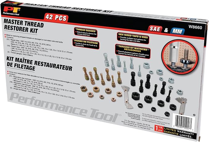 Performance Tool W8660 42 pc. Master Thread Restorer Kit: Includes Metric/SAE UNC/UNF Discs, Tap Dies, and Thread Gauges to Restore Stripped or Damaged Nuts and Bolts